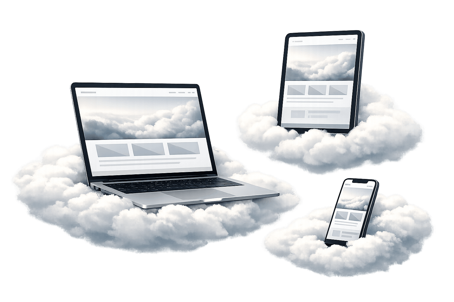 Laptop, Tablet y Smartphone posados sobre nubes.